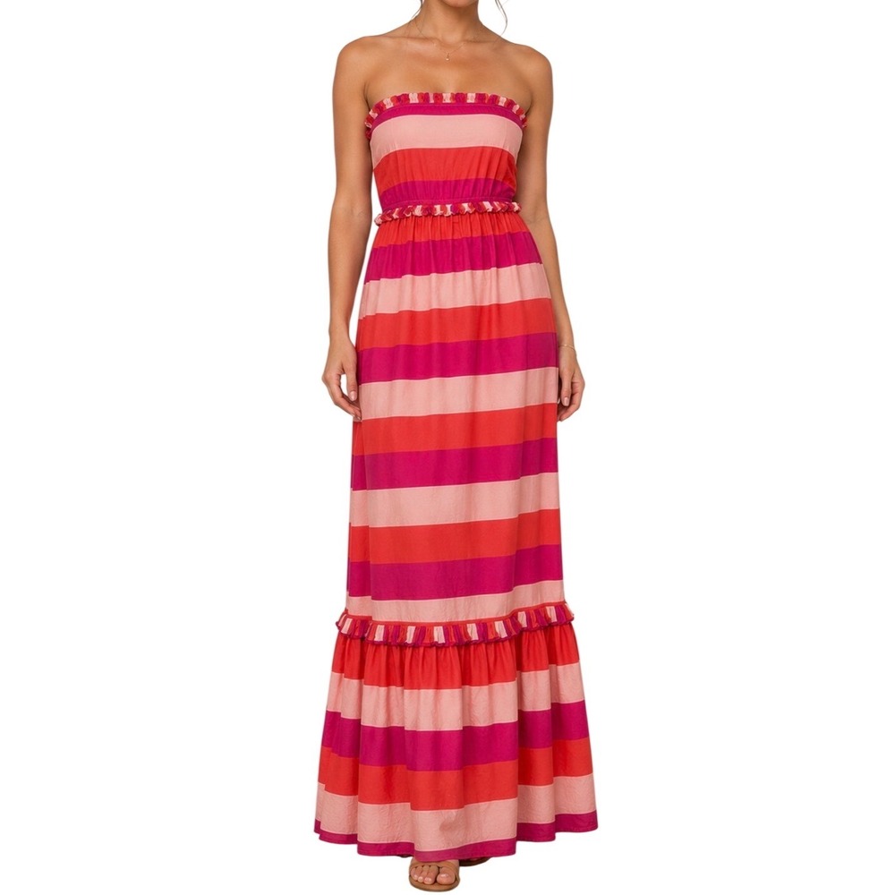 Olivia James Women Pink Red Striped Strapless Maxi Dress XS Ruffle Tiered Cotton